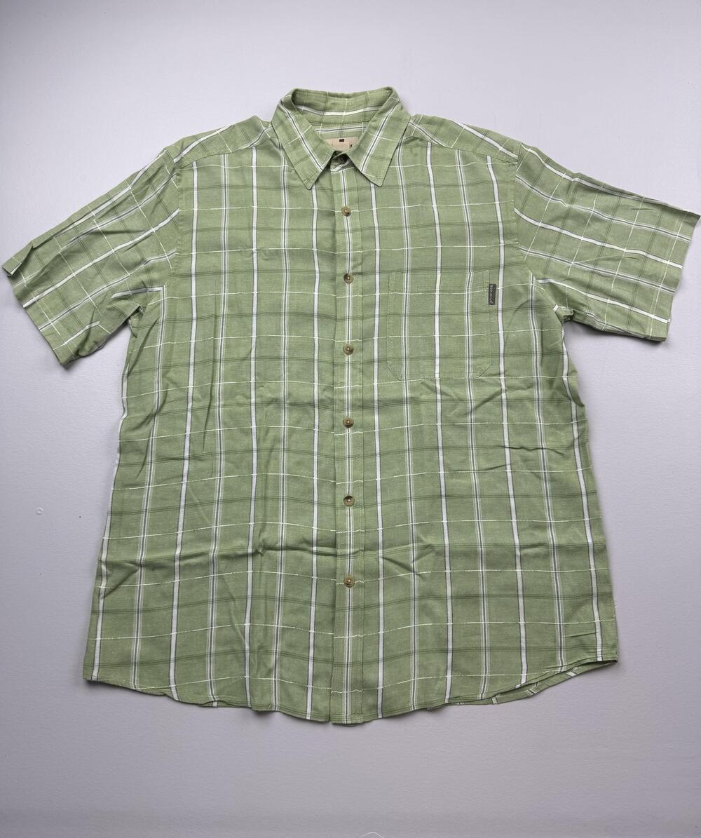 Woolrich Shirt Mens Large Green Plaid Short Sleeve Linen Button Up Casual